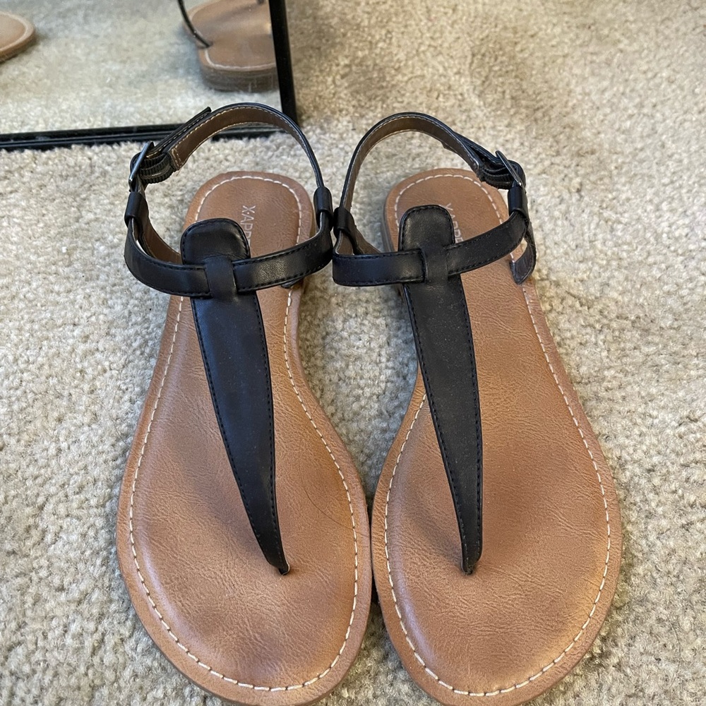 Black, leather sandals, size 8